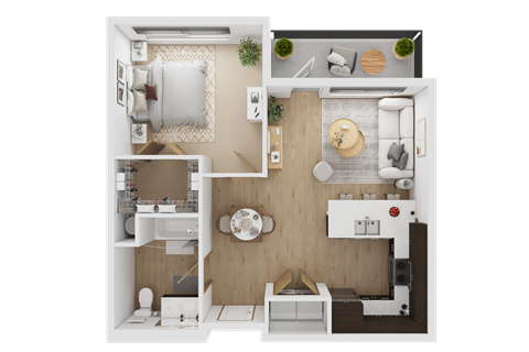 A 3D floor plan of a small apartment with a kitchen, living room, and bathroom  at Spyglass Hill Apartments, Bremerton, 98337